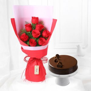 8 Red Roses with Truffle Cake Combo