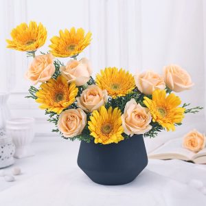 Metallic Marvel of Roses and Gerberas